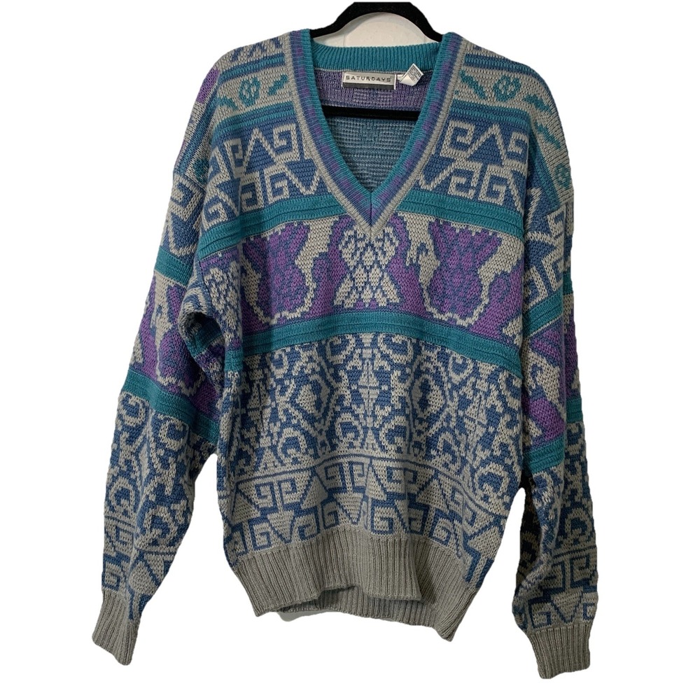 Vtg Saturdays Mens Large Sweater V Neck Grandpa Core Urkel Cosby Purple Teal